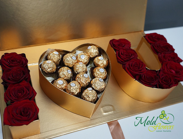 Коробка "I Love You" с красными розами и Ferrero Rocher Фото